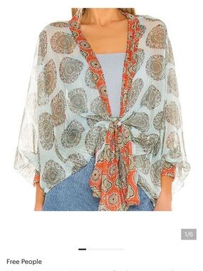 Free People Sheer Paisley Tie-Front Kimono in Light Blue and Rust Trim